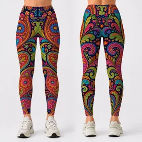 Retro Boho Floral Paisley Vines And Peace Icons For Hippie Festival Yoga Dance Style Leggings