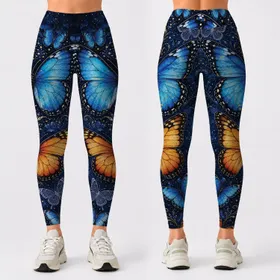 Midnight Blue Butterfly Cascade Watercolor Vacation Resort Casual Style For Women Leggings