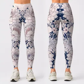 Navy Ivory Dahlia Peony Line Art With Blush Accents For Yoga And Athleisure Women Leggings