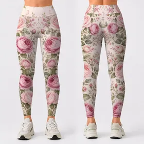 Blush Rose Garden Vine With Sage Leaves For Cottagecore Yoga Lounge Outfit Style Leggings