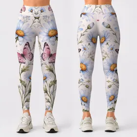 Watercolor Blue Daisies With Pink Butterflies For Breezy Spring Garden Style Women Leggings