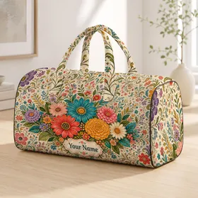Colorful Folk Art Floral Bouquet With Name For Travel Getaways And Holiday Gifts Quilted Weekend Bag