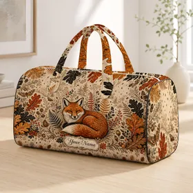 Fox Autumn Woodland Folk Art With Oak Leaves For Fall Travel And Holiday Gifts For Her Quilted Weekend Bag