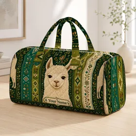 Cream Alpaca On Forest Green Folk Stripes Rustic Holiday Gift For Animal Lovers Women Quilted Weekend Bag