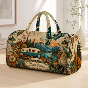 Retro Camper By Alpine Lake Vintage Mountain Camping Getaway For Outdoor Lovers And Women Quilted Weekend Bag