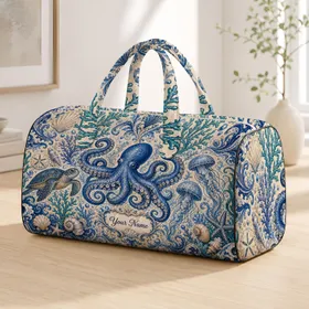 Blue Octopus Sea Turtle Jellyfish Coastal Name Motif For Beach Travel Lovers Gift Quilted Weekend Bag