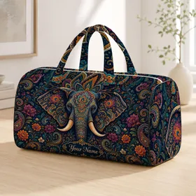 Navy Elephant Mandala With Boho Florals For Exotic Travel Style And Gifts For Her Quilted Weekend Bag