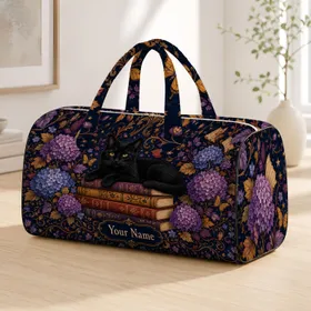 Gothic Black Cat On Vintage Books With Hydrangeas For Autumn Travel And Cat Lovers Quilted Weekend Bag