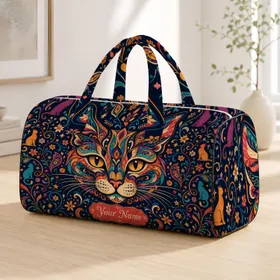 Abstract Cat Face With Folk Art Florals For Colorful Travel Style And Cat Lovers Quilted Weekend Bag