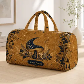 Enchanted Navy Gold Mushroom Woodland Holiday Travel Gift With Name Plaque For Her Quilted Weekend Bag