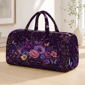 Eggplant Purple Floral Butterflies With Cream Name Label For Luxe Holiday Travel Quilted Weekend Bag