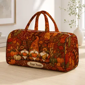 Autumn Gnomes With Pumpkins, Leaves, And Acorns For Harvest Travel Gifts For Women Quilted Weekend Bag