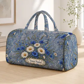 White Daisy And Blue Cornflower Meadow Botanicals With Name Plaque For Elegant Travel Quilted Weekend Bag