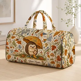 Whimsical Rainy Autumn Hedgehog With Umbrella Woodland Gift For Nature Lovers Women Quilted Weekend Bag
