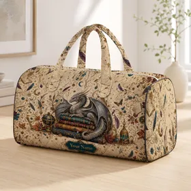 Enchanted Library Dragon With Spell Books For Autumn Fantasy Travel And Book Lovers Quilted Weekend Bag