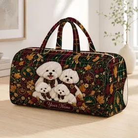 Bichon Frise Dogs With Heritage Plaid And Autumn Leaves For Cozy Holiday Travel Lovers Quilted Weekend Bag