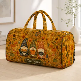 Nordic Autumn Gnomes With Pumpkins Coffee And Leaves For Cozy Harvest Travel Style Quilted Weekend Bag