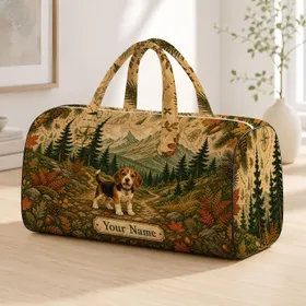 Retro Hiking Beagle Puppy On Forest Trail For Outdoor Travel And Adventure Lovers Quilted Weekend Bag