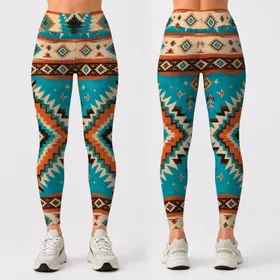 Southwestern Turquoise Tribal Diamond Boho Western Festival Yoga Style For Women Leggings