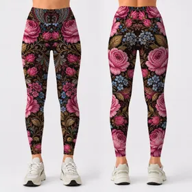 Pink Rose Paisley Boho Floral On Dark Espresso For Yoga Studio Festival Style Women Leggings