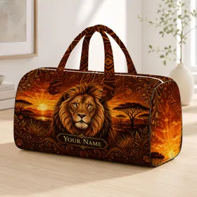 Majestic African Lion Sunset Safari Travel Accessory For Gym Trips And Dorm Storage Quilted Weekend Bag
