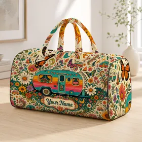Retro Camper Trailer With Daisies And Florals For Camping Road Trips RV Travel Lovers Quilted Weekend Bag
