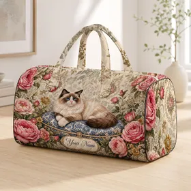 Ragdoll Cat With Pink Roses And Blue Porcelain Cushion For Travel Loving Cat Moms Quilted Weekend Bag