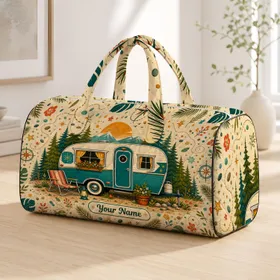 Retro Teal Camper Trailer With Pine Florals For Cozy Camping Getaways And Road Trips Quilted Weekend Bag