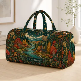 Mountain River Woodland Folk Art Autumn Cabin Getaway Travel Gift For Nature Lovers Quilted Weekend Bag