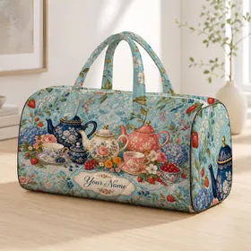 Vintage Tea Picnic Florals With Teapots And Berries For Garden Parties And Getaways Quilted Weekend Bag