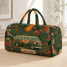 Retro Camper Van With Florals And Mushrooms For Boho Road Trips And Festival Travel Quilted Weekend Bag