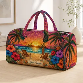 Tropical Sunset Lagoon With Palm Trees And Hibiscus For Boho Resort Vacation Style Quilted Weekend Bag