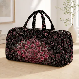 Black Boho Rose Mandala Floral With Ivory Vines For Meditation Travel Gifts For Women Quilted Weekend Bag
