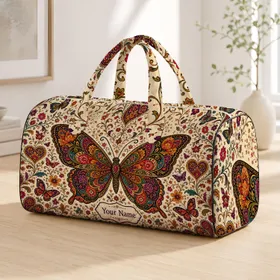 Colorful Folk Boho Butterfly With Floral Vines For Travel Getaways And Picnics Lovers Quilted Weekend Bag