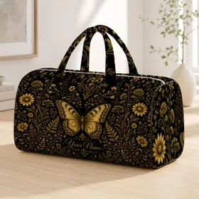 Gold Butterfly And Botanical Damask On Black For Travel, Work, And Overnight Style Quilted Weekend Bag