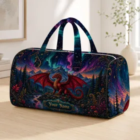 Crimson Dragon Aurora Mountain Forest Fantasy Travel Gift For Gamers And Comic Con Fans Quilted Weekend Bag