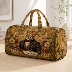 Victorian Cheetah Portrait With Rose Botanical Damask For Vintage Getaway Lovers Quilted Weekend Bag