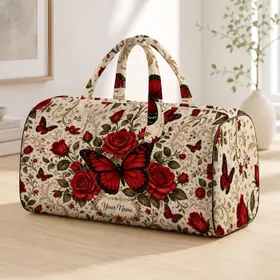 Red Rose Butterfly Botanical Name Gift For Her Romantic Crimson Garden Travel Style Quilted Weekend Bag