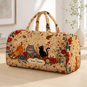 Whimsical Cat Garden Beige Floral Paw Name Plaque Travel Gift For Pet Lovers Women Girls Quilted Weekend Bag
