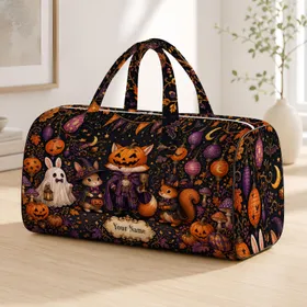 Pumpkin Mask Fox With Ghost Rabbit And Squirrel For Halloween Woodland Travel Style Quilted Weekend Bag
