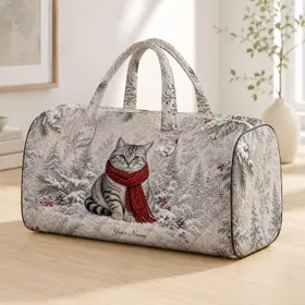 Silver Tabby Cat In Red Scarf Snowy Pines Winter Travel Christmas Gift For Her Mom Quilted Weekend Bag