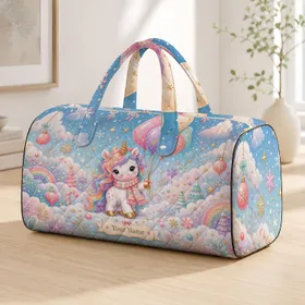 Baby Unicorn With Balloons In Dreamy Winter Clouds For Holiday Travel Girls And Kids Quilted Weekend Bag
