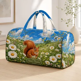 Red Squirrel In Daisy Meadow With Blue Sky For Spring Travel And Cottagecore Style Quilted Weekend Bag