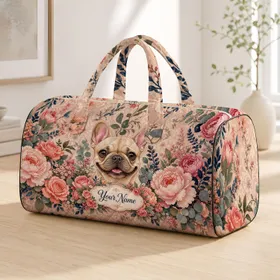 French Bulldog Puppy With Blush Peonies For Travel, Gym, Yoga, Overnight Stays Pet Moms Quilted Weekend Bag