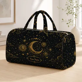 Celestial Moon Sun Stars Antique Gold Overnight Travel Carryall For Astrology Lovers Quilted Weekend Bag