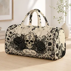Gothic Ivory Skull With Black Roses Boho Floral Travel Style For Dark Romance Fans Quilted Weekend Bag