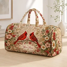 Romantic Cardinal Pair With Red Berries Winter Woodland Travel Gift For Bird Lovers Quilted Weekend Bag
