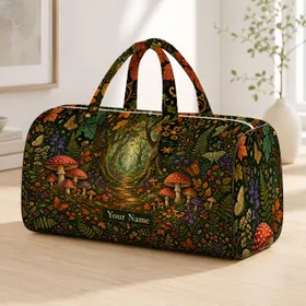 Enchanted Woodland Trail Mushrooms Butterflies Autumn Holiday Travel Gift For Women Quilted Weekend Bag