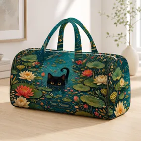 Black Kitten In Blue Green Lily Pond With Dragonflies For Travel And Cat Loving Women Quilted Weekend Bag