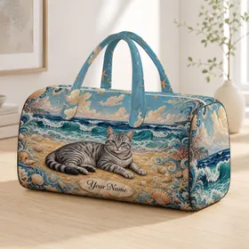 Silver Tabby Cat On Ocean Waves And Golden Sand For Beach Trips And Cat Lovers Gift Quilted Weekend Bag
